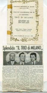 18 Novembre 1958, prima esibizione del Trio di Milano composto da Renato Biffoli al violino, Bruno Canino al pianoforte e Bruno Martinotti al flauto.